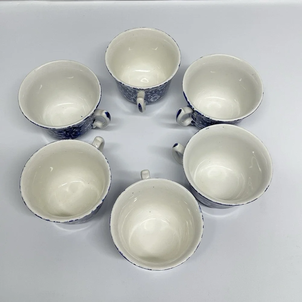 Vintage Crownford Staffordshire Blue Calico Lot Of 6 Teacups England‎ Ironstone